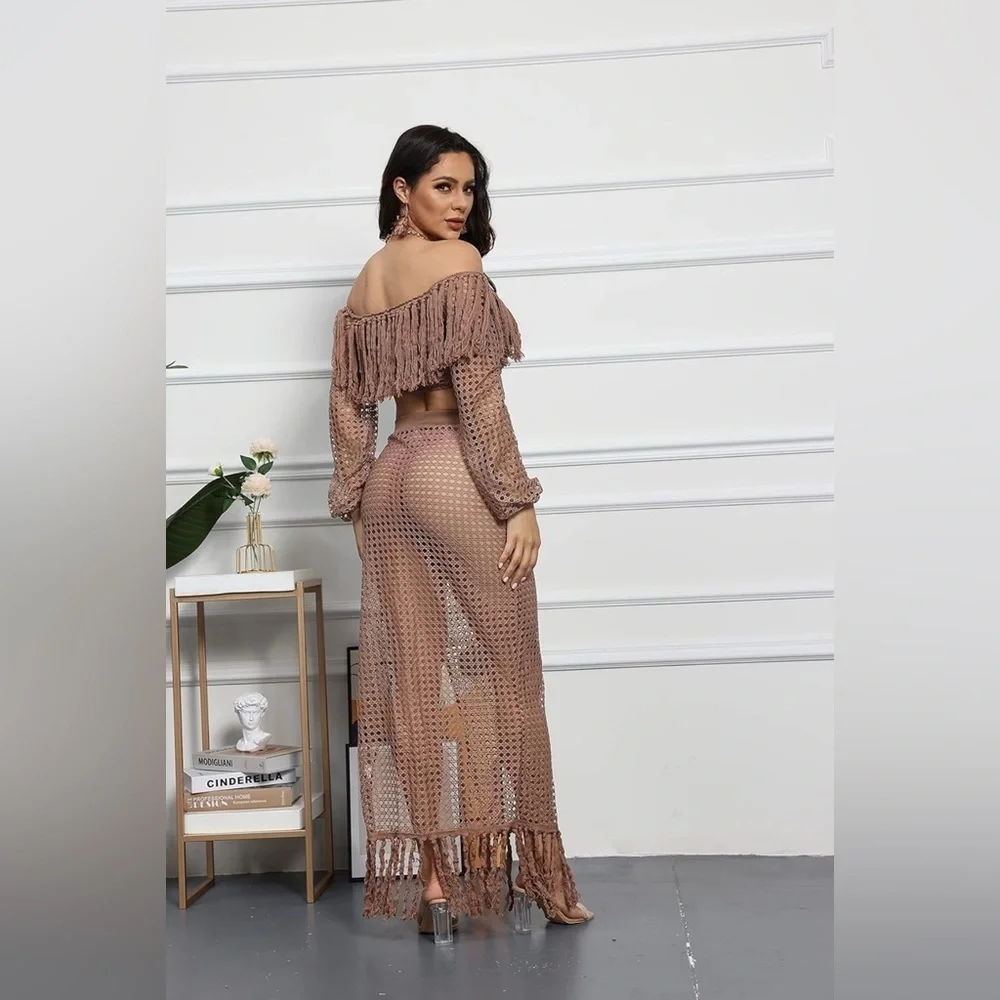 Brown Crochet 2-Piece Swimsuit Cover-Up Set – Size Large